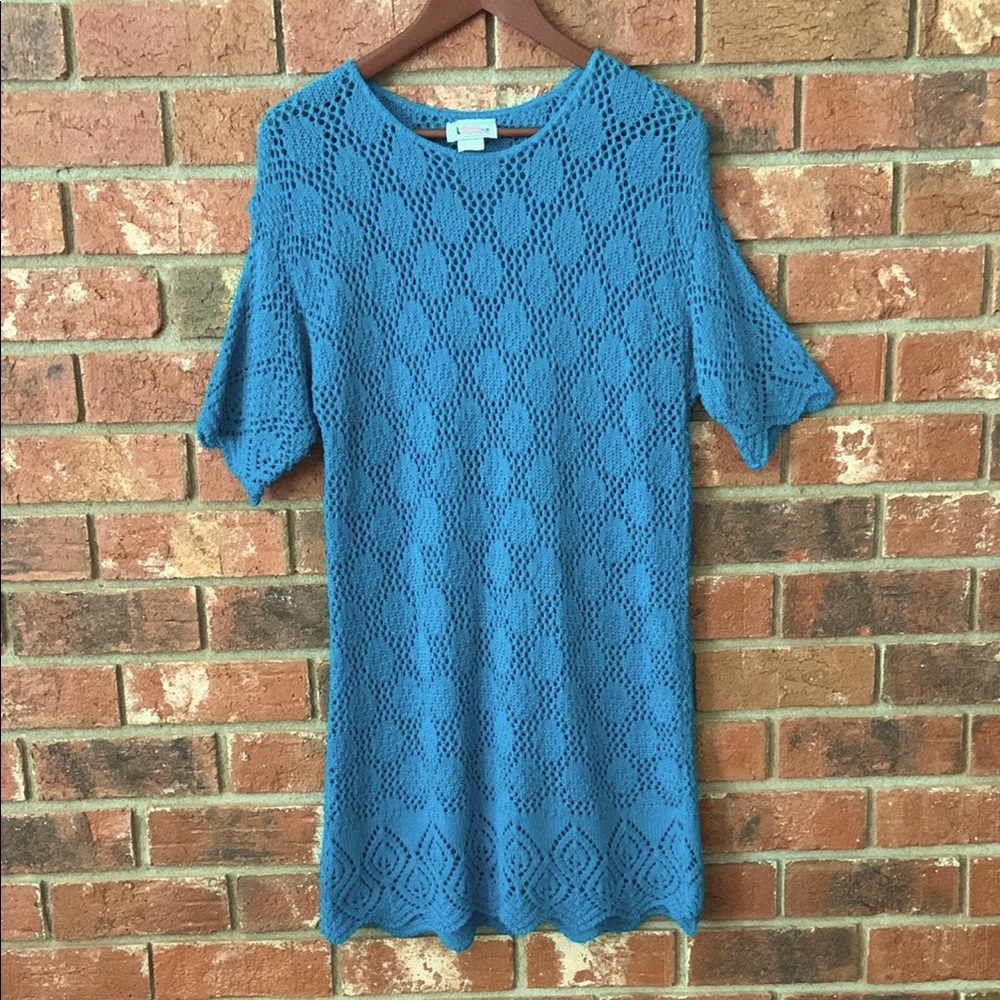 Vintage Bright Lights Turquoise Crochet Short Sleeve Sweater Dress Coverup